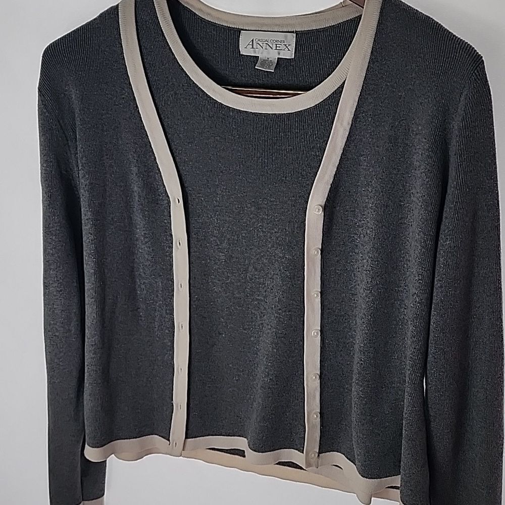 Vintage Two Piece Gray & Winter White Cardigan Sweater Set Soft